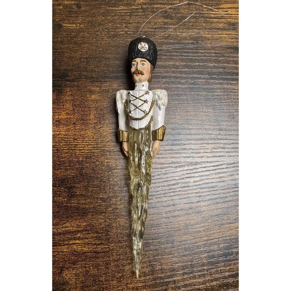 Vintage 7"‎ Soldier Icicle Christmas Ornament White Gold Glitter Glass Resin